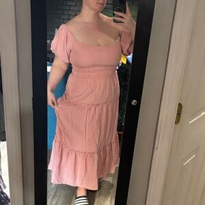 Francesca's Collections Dusty Pink Tiered Maxi Dress with Puff Sleeves